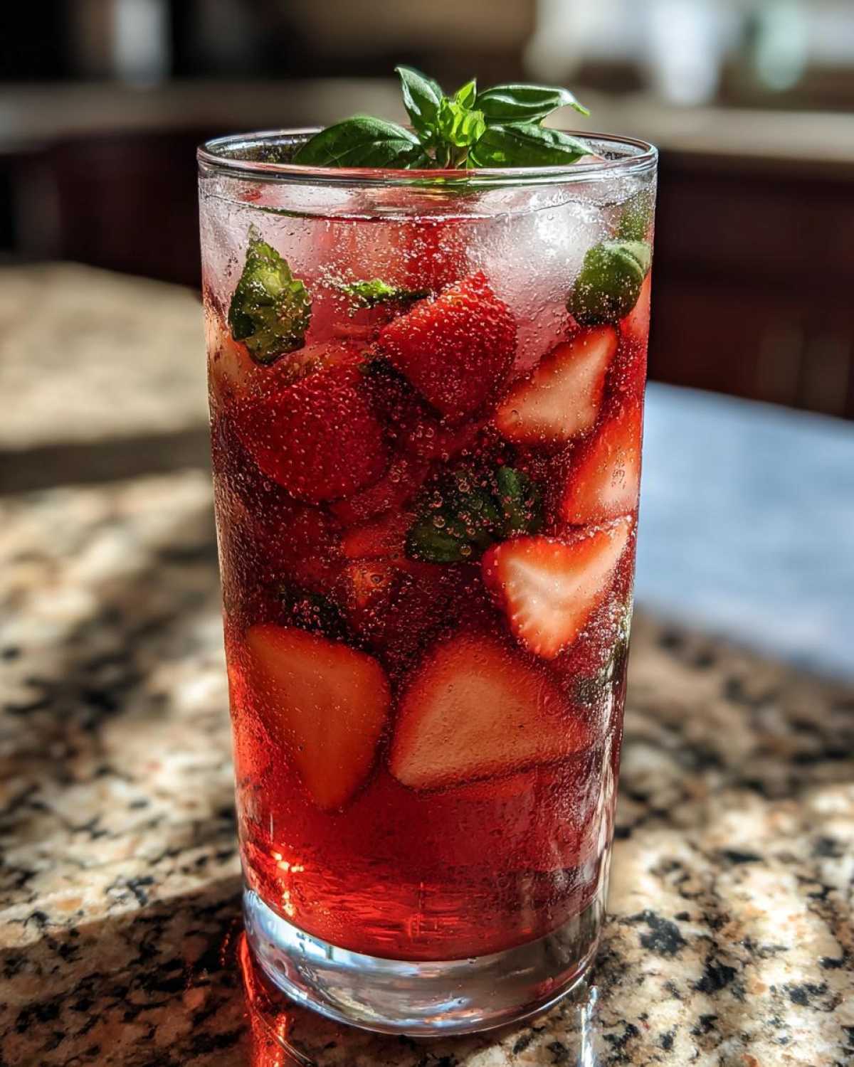 A tall glass filled with Strawberry Basil Sangria, featuring sliced strawberries, fresh basil leaves, ice, and sparkling red liquid.