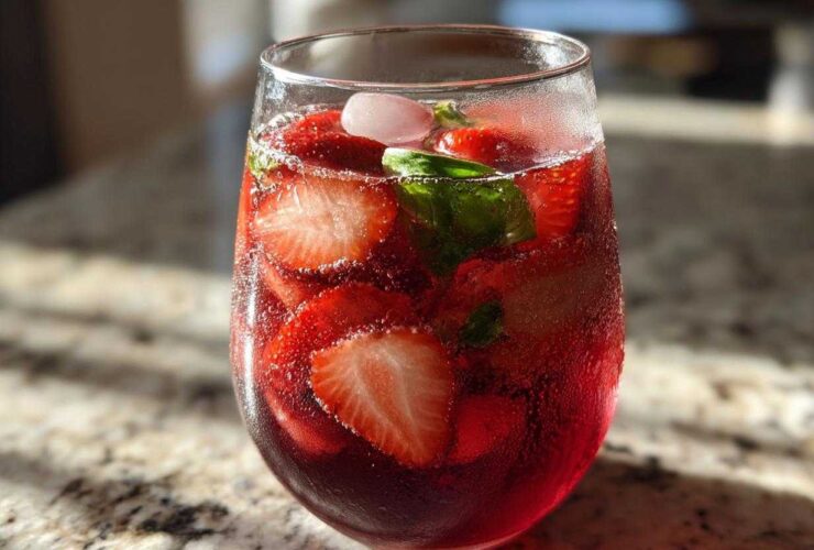 A close-up of a glass filled with Strawberry Basil Sangria, featuring sliced strawberries, basil leaves, ice, and bubbles.