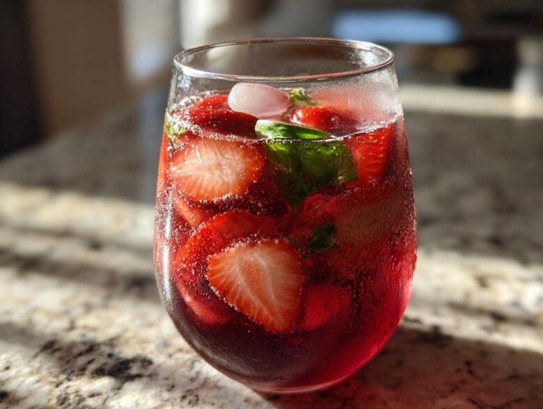 A close-up of a glass filled with Strawberry Basil Sangria, featuring sliced strawberries, basil leaves, ice, and bubbles.