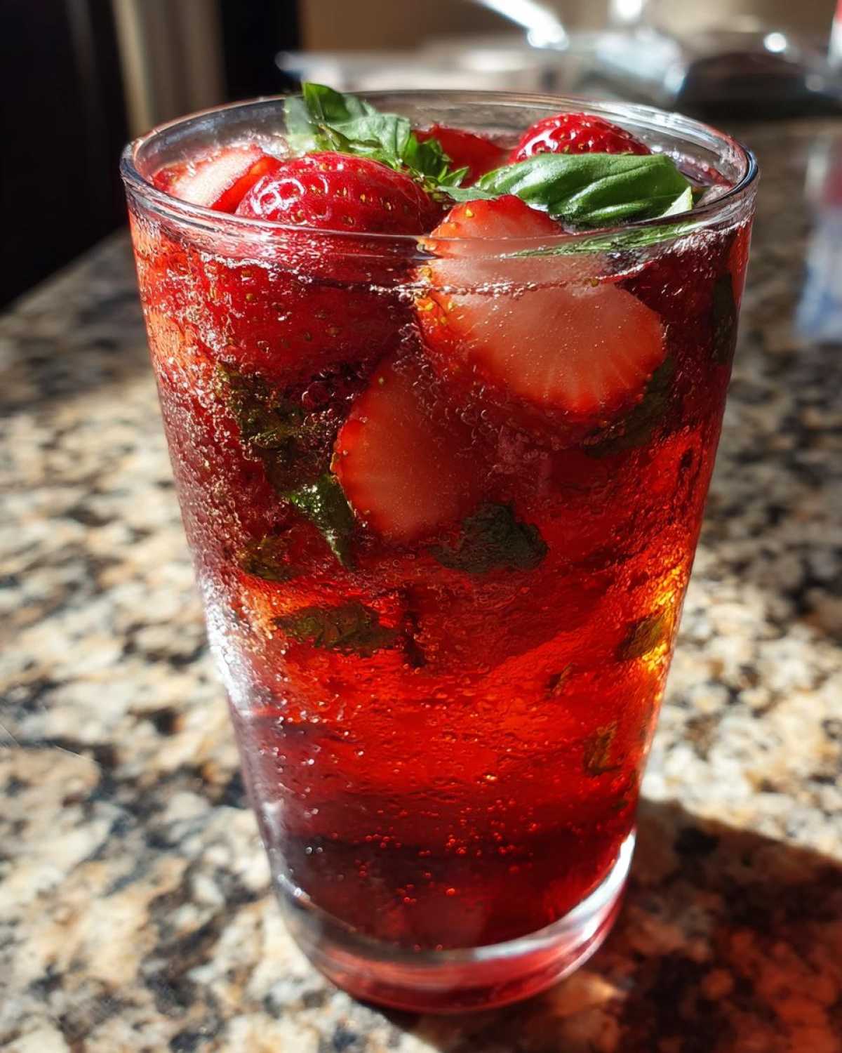 Close-up of a tall glass filled with Strawberry Basil Sangria, featuring sliced strawberries, fresh basil leaves, and ice.