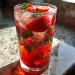 Close-up of a tall glass filled with Strawberry Basil Sangria, packed with fresh strawberries, mint leaves, and ice, with visible bubbles.