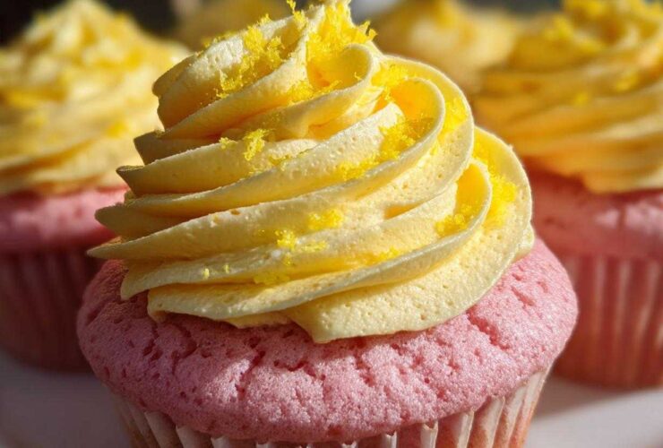Close-up of a pink Strawberry Lemonade Cupcake topped with swirled yellow lemon frosting and lemon zest.