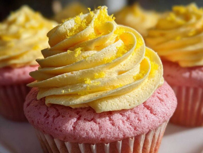 Close-up of a pink Strawberry Lemonade Cupcake topped with swirled yellow lemon frosting and lemon zest.