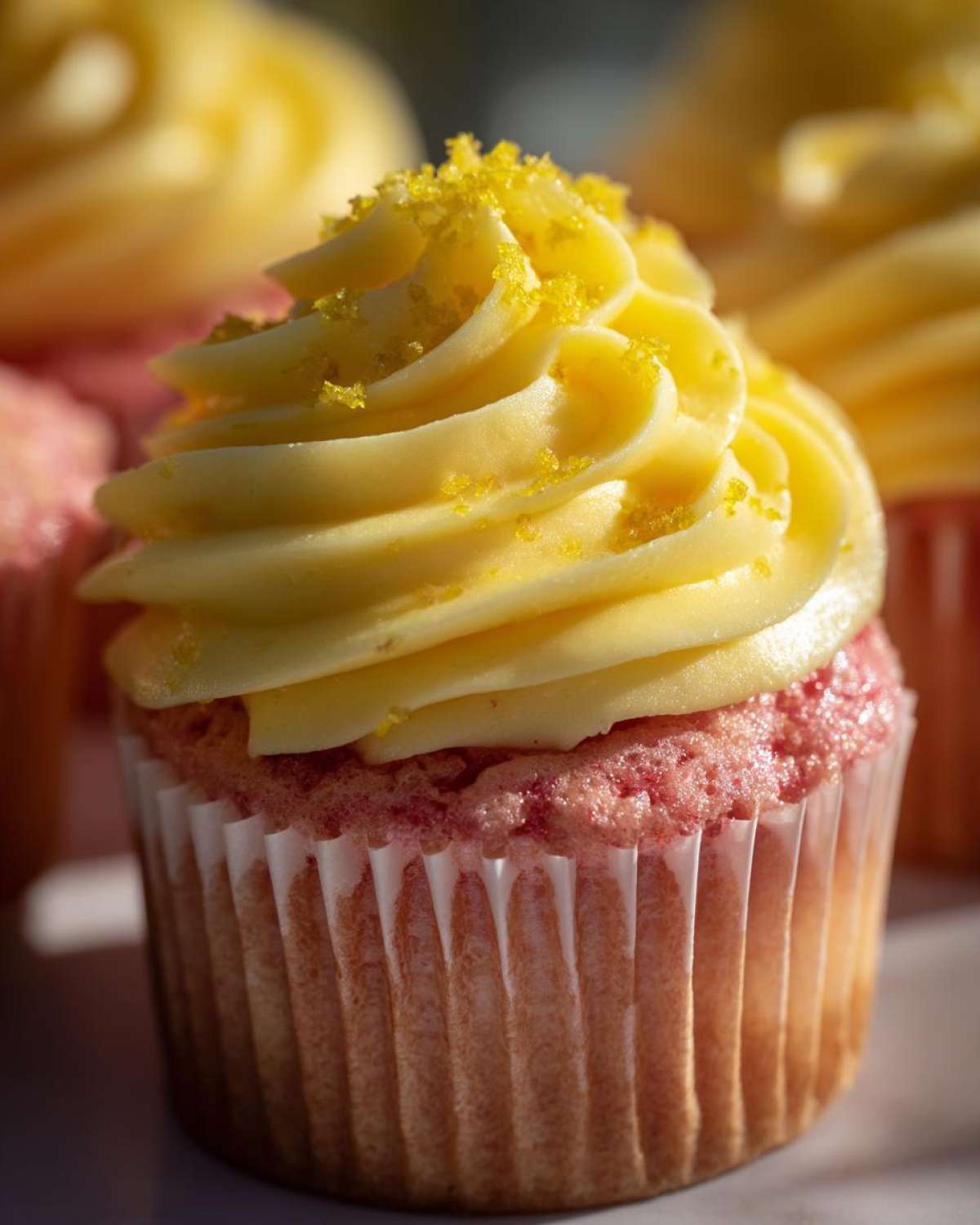 Close-up of a Strawberry Lemonade Cupcake with bright yellow frosting and lemon zest topping.