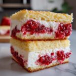 Two stacked Strawberry Shortcake Ice Cream Sandwiches, showing layers of cake, cream, and strawberries.