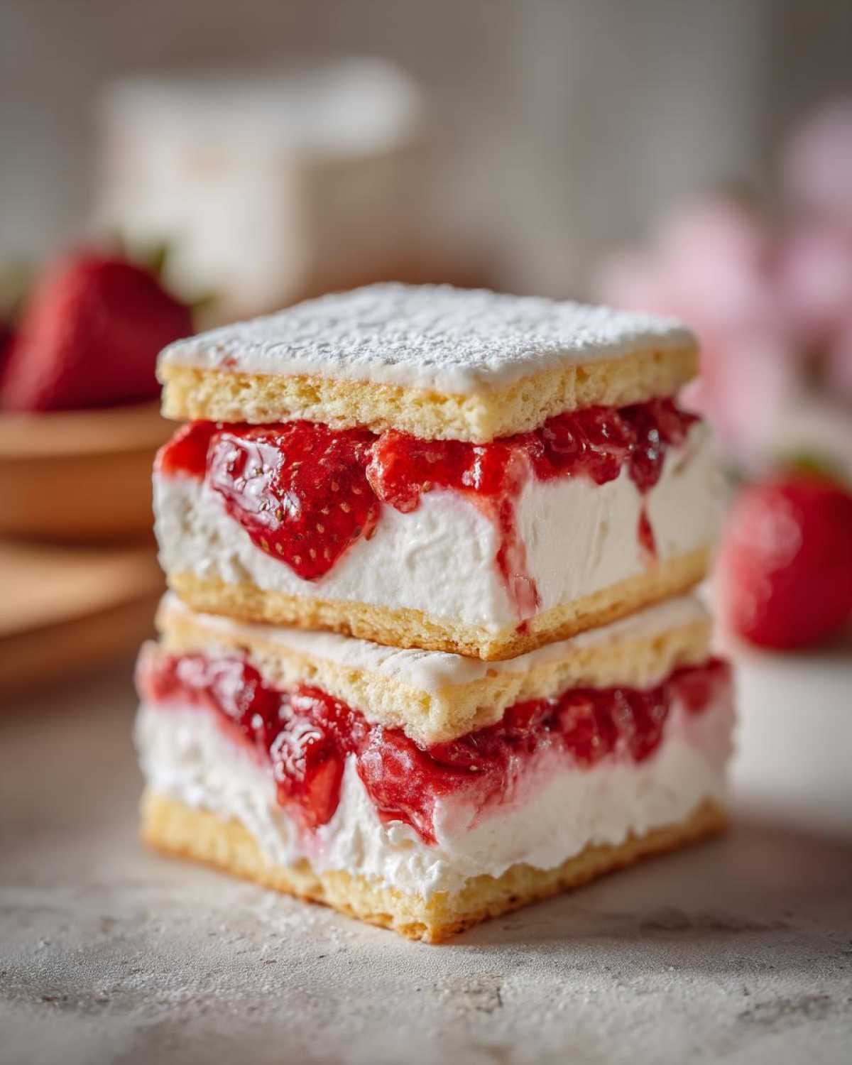Two stacked Strawberry Shortcake Ice Cream Sandwiches, showcasing layers of cake, cream, and strawberry filling, dusted with powdered sugar.