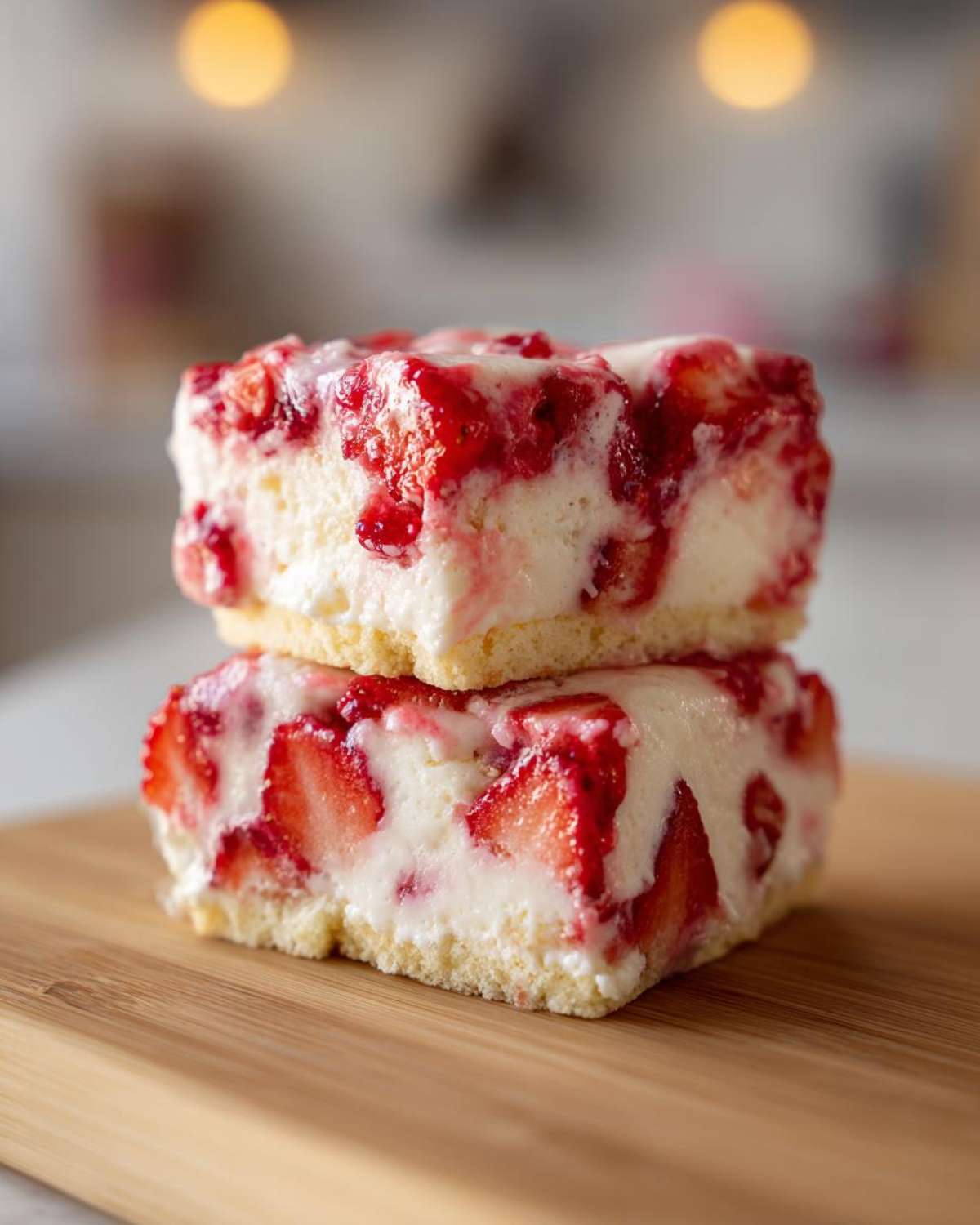 Two Strawberry Shortcake Ice Cream Sandwiches stacked on a wooden board, showcasing fresh strawberries and creamy filling.