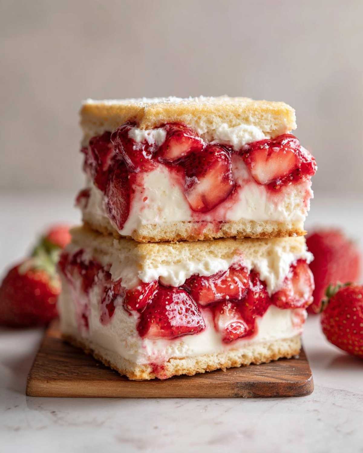 Two delicious Strawberry Shortcake Ice Cream Sandwiches stacked on a wooden board, overflowing with fresh strawberries and cream.