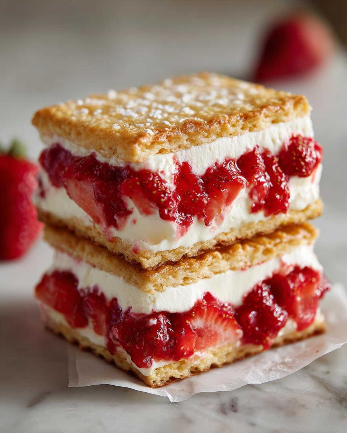 Two stacked Strawberry Shortcake Ice Cream Sandwiches with fresh strawberries and cream between crisp wafers.