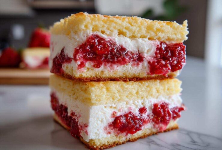 Two stacked Strawberry Shortcake Ice Cream Sandwiches, showing layers of cake, cream, and strawberries.