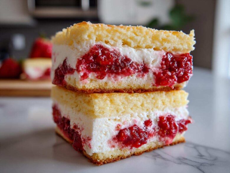 Two stacked Strawberry Shortcake Ice Cream Sandwiches, showing layers of cake, cream, and strawberries.
