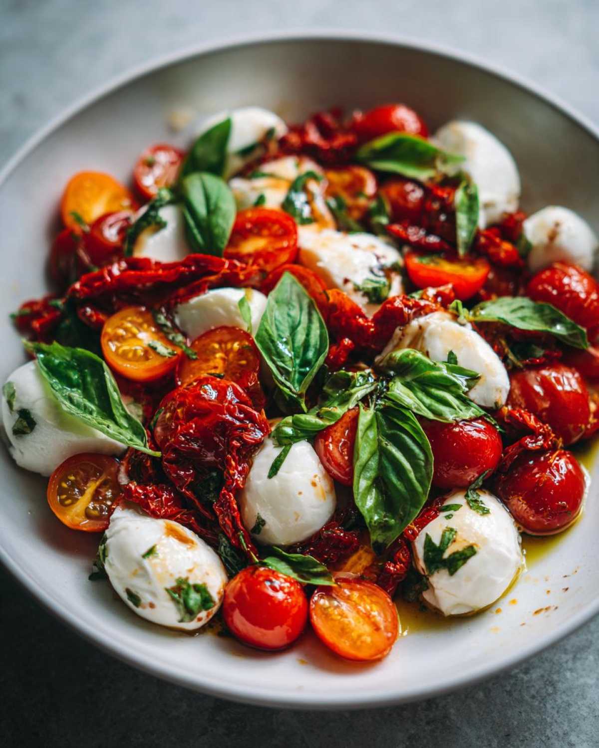 A vibrant Sun-Dried Tomato Caprese Salad featuring fresh mozzarella balls, cherry tomatoes, sun-dried tomatoes, and basil leaves.