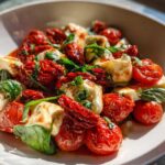 A vibrant Sun-Dried Tomato Caprese Salad featuring fresh mozzarella, cherry tomatoes, sun-dried tomatoes, and basil leaves.