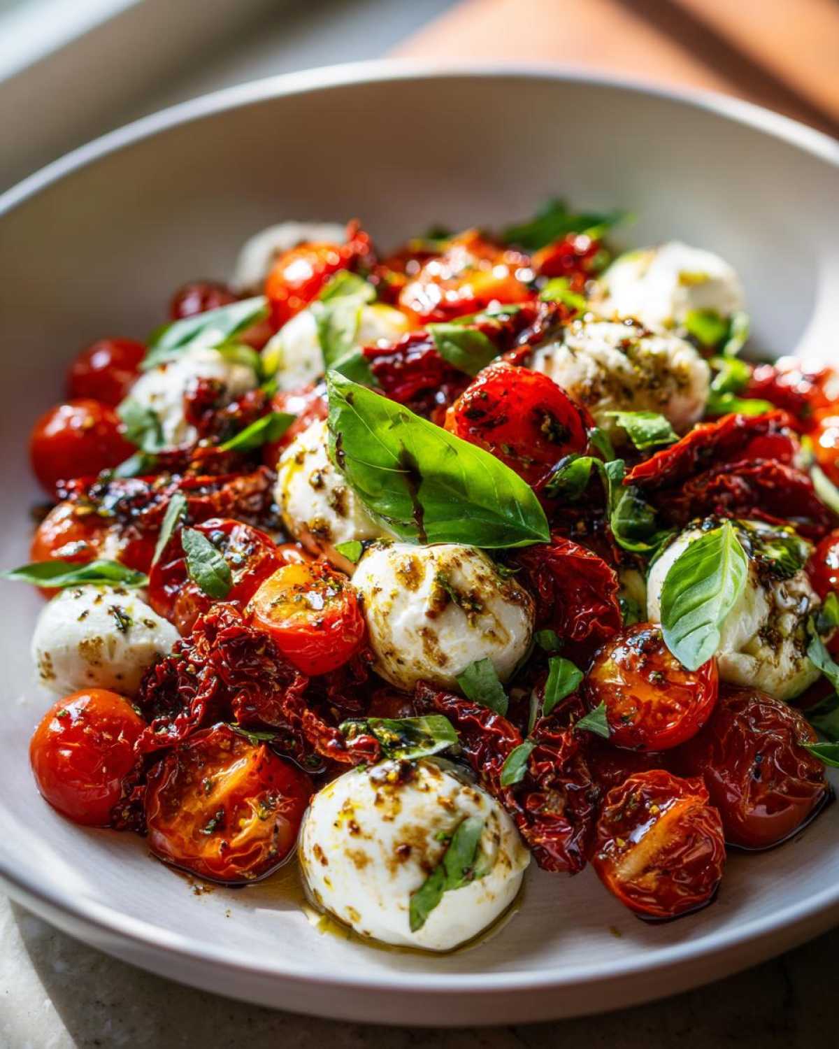 A vibrant Sun-Dried Tomato Caprese Salad featuring cherry tomatoes, fresh mozzarella balls, sun-dried tomatoes, and basil leaves.