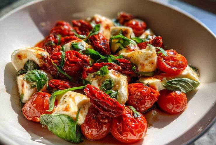 A vibrant Sun-Dried Tomato Caprese Salad featuring fresh mozzarella, cherry tomatoes, sun-dried tomatoes, and basil leaves.