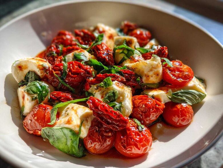 A vibrant Sun-Dried Tomato Caprese Salad featuring fresh mozzarella, cherry tomatoes, sun-dried tomatoes, and basil leaves.
