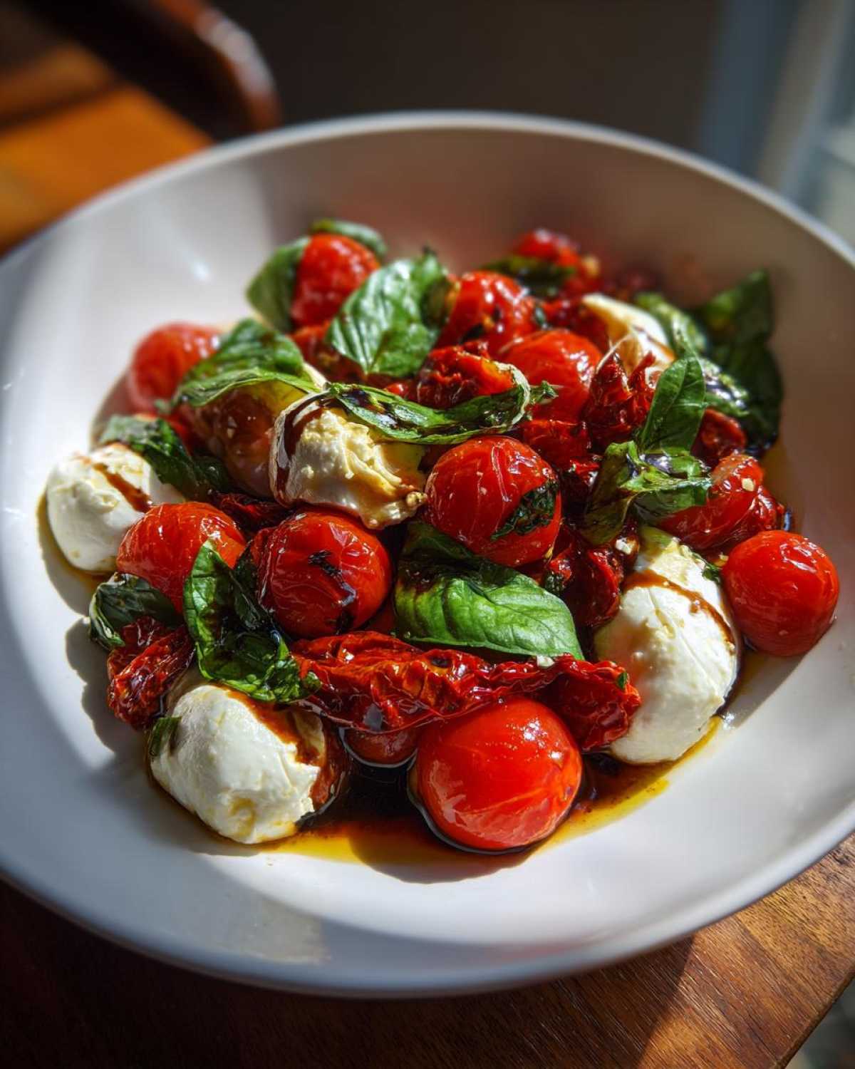 A vibrant Sun-Dried Tomato Caprese Salad featuring cherry tomatoes, fresh mozzarella balls, basil leaves, and a balsamic glaze.