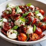A close-up of Sun-Dried Tomato Caprese Salad featuring cherry tomatoes, fresh mozzarella balls, and basil leaves drizzled with balsamic glaze.