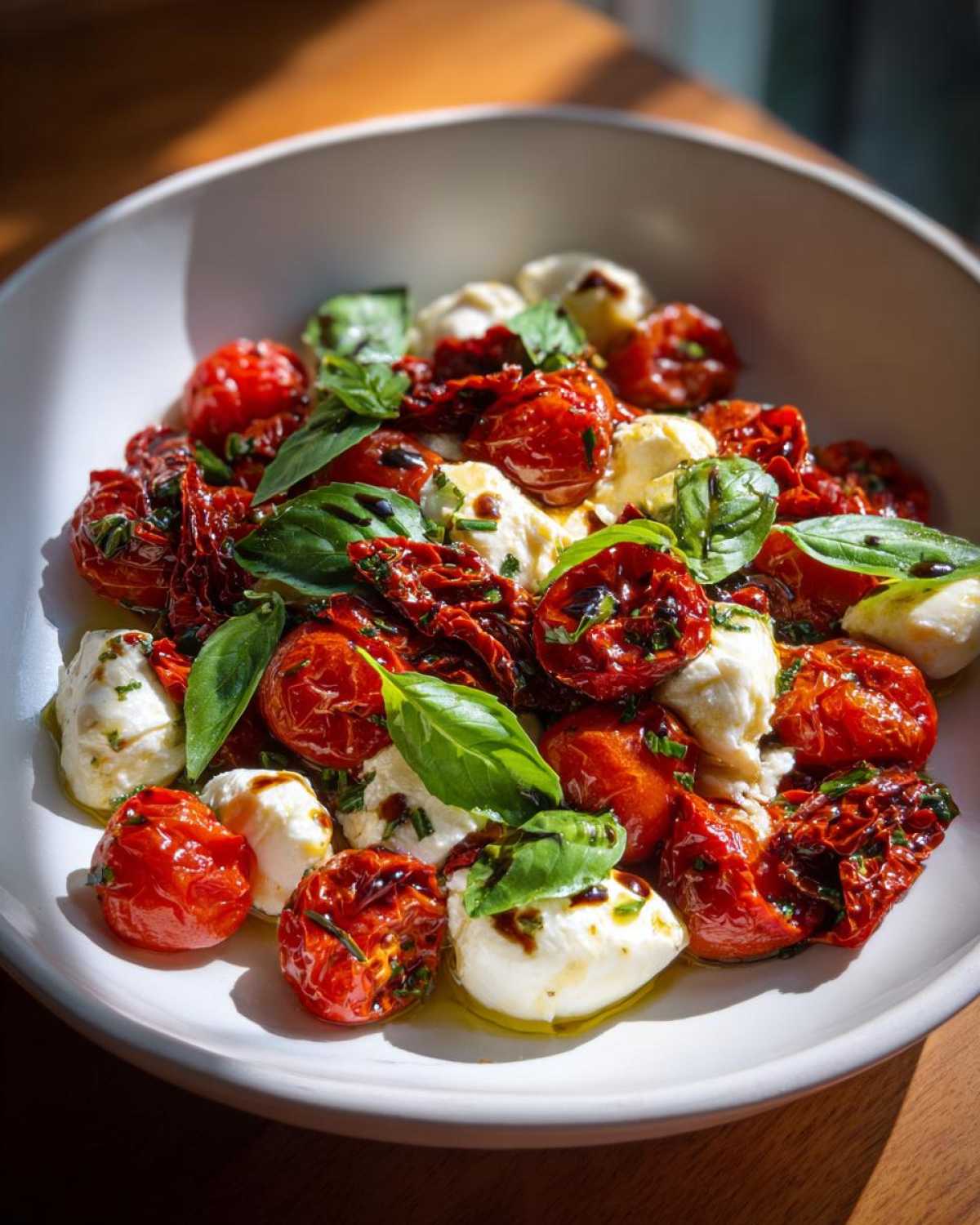 Close-up of a Sun-Dried Tomato Caprese Salad featuring cherry tomatoes, mozzarella balls, and fresh basil leaves drizzled with balsamic glaze.