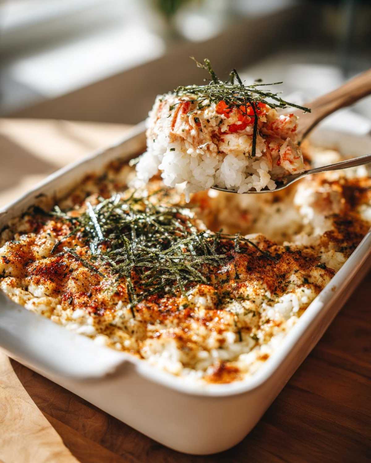 A close-up of a spoonful of Sushi Bake casserole, showing rice, crab, roe, and seaweed.