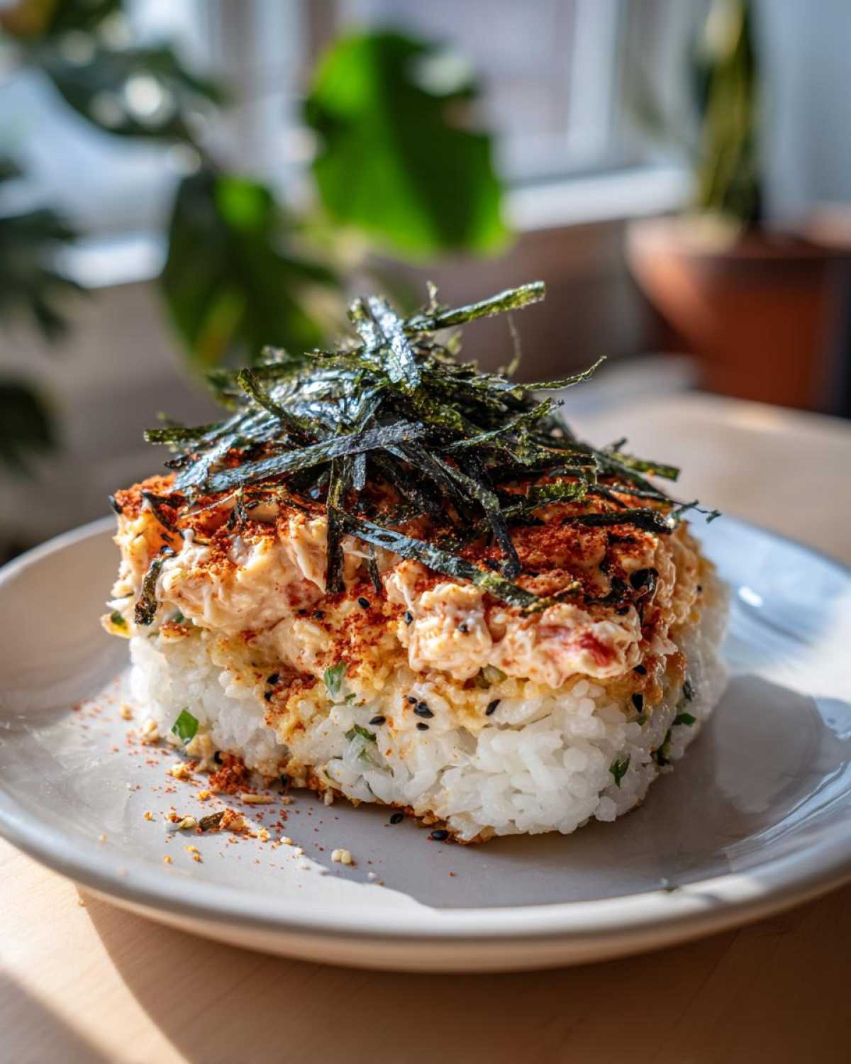 A close-up of a serving of Sushi Bake, featuring a layer of white rice topped with creamy crab mixture and shredded nori.