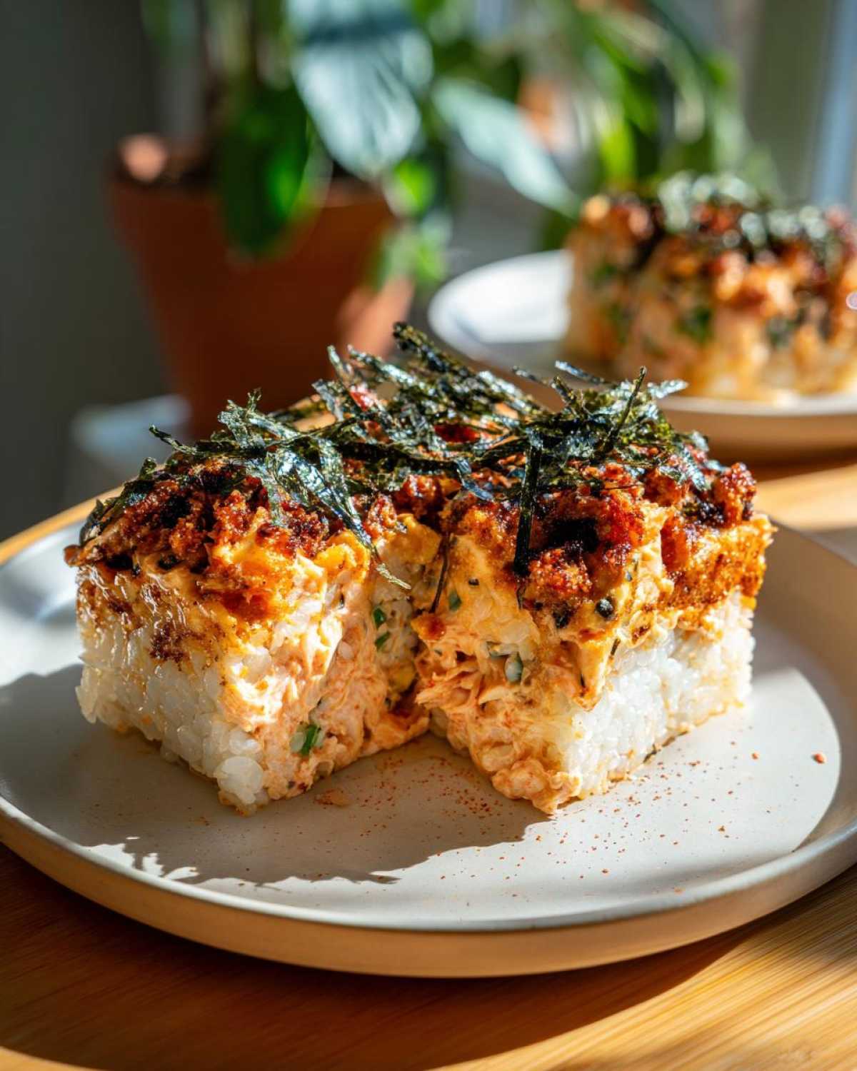 A close-up of a slice of Sushi Bake on a plate, featuring layers of rice, creamy filling, and crispy toppings, garnished with nori.