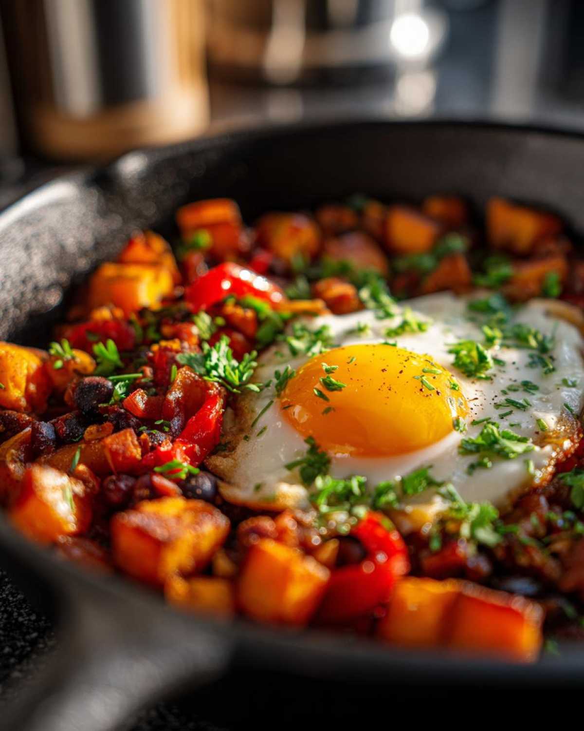 A close-up of a Sweet Potato & Black Bean Hash served in a cast iron skillet, topped with a perfectly fried egg and fresh parsley.