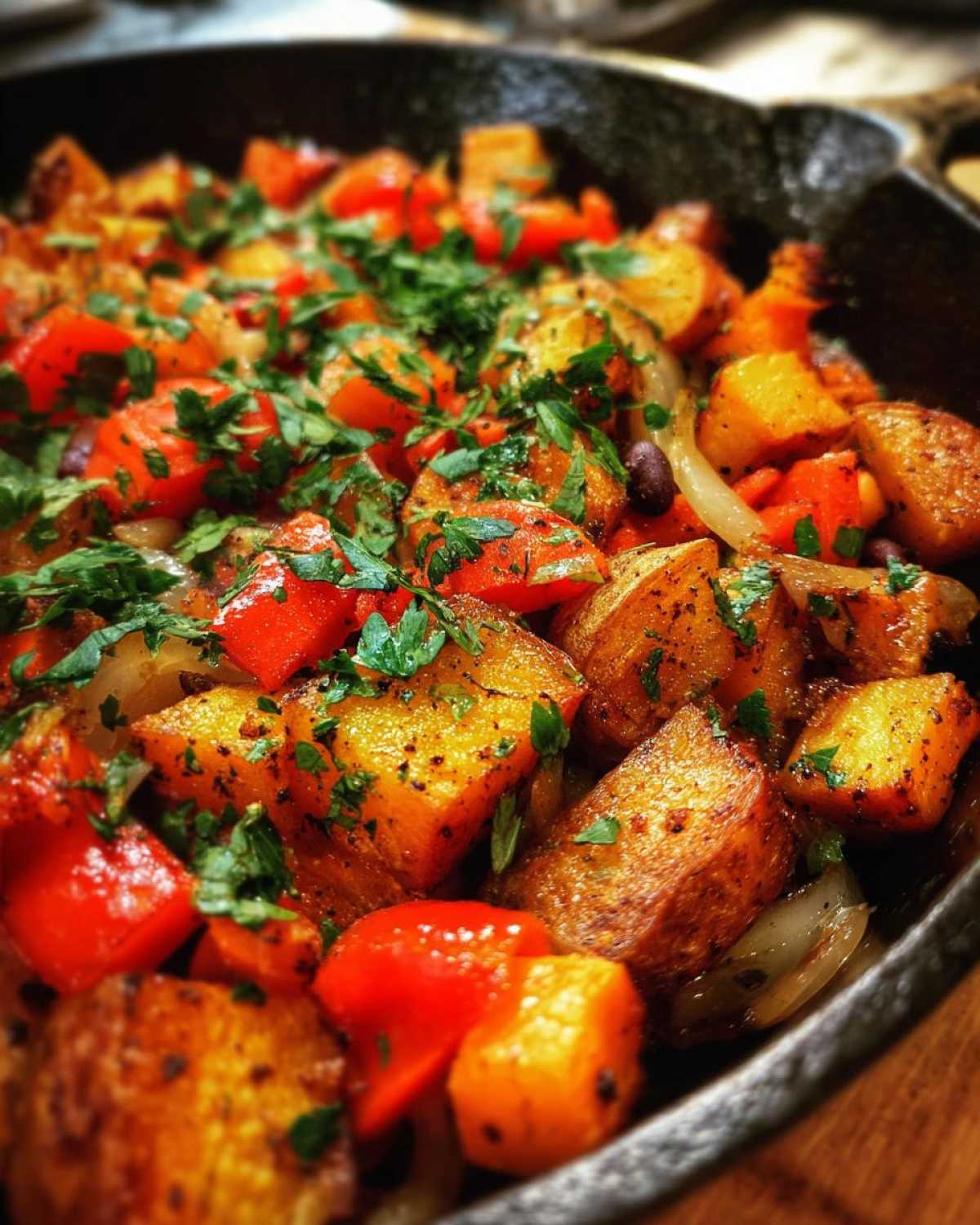 Close-up of a delicious Sweet Potato & Black Bean Hash cooked in a cast iron skillet, topped with fresh parsley.