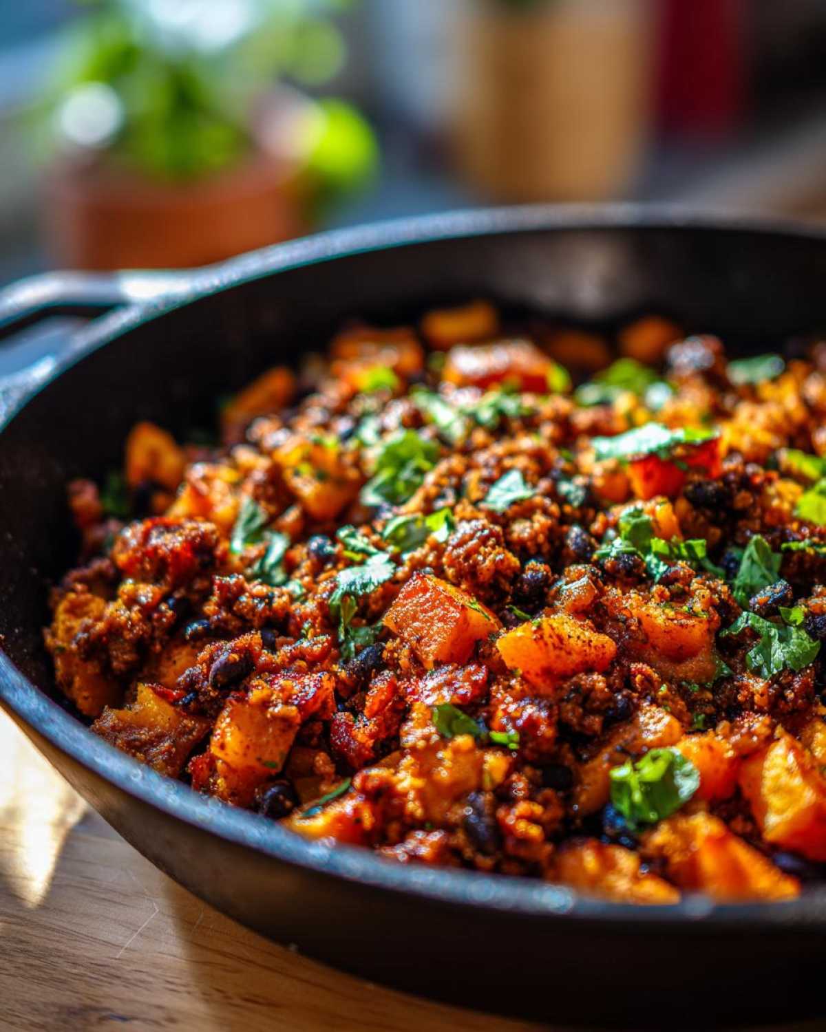 Close-up of a rustic cast iron skillet filled with a flavorful Sweet Potato & Black Bean Hash, garnished with fresh cilantro.