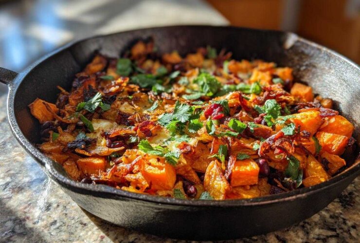 A close-up of a cast iron skillet filled with a colorful Sweet Potato & Black Bean Hash, garnished with fresh cilantro.