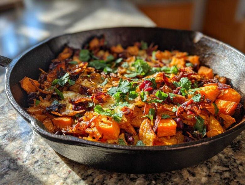 A close-up of a cast iron skillet filled with a colorful Sweet Potato & Black Bean Hash, garnished with fresh cilantro.