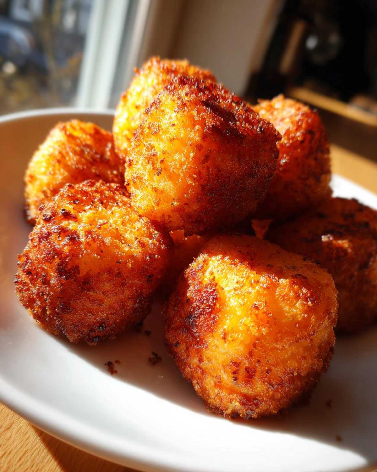 A pile of golden brown, crispy Sweet Potato Tater Tots on a white plate.