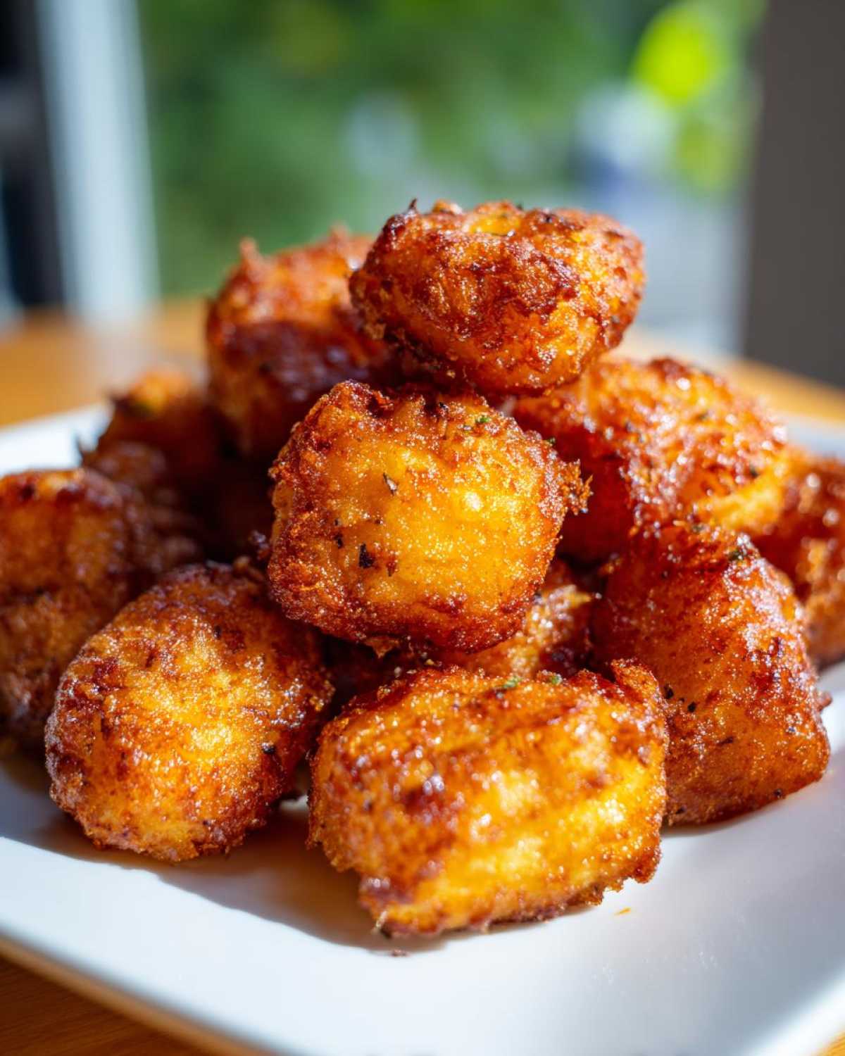 A close-up shot of a pile of golden-brown, crispy Sweet Potato Tater Tots on a white plate.