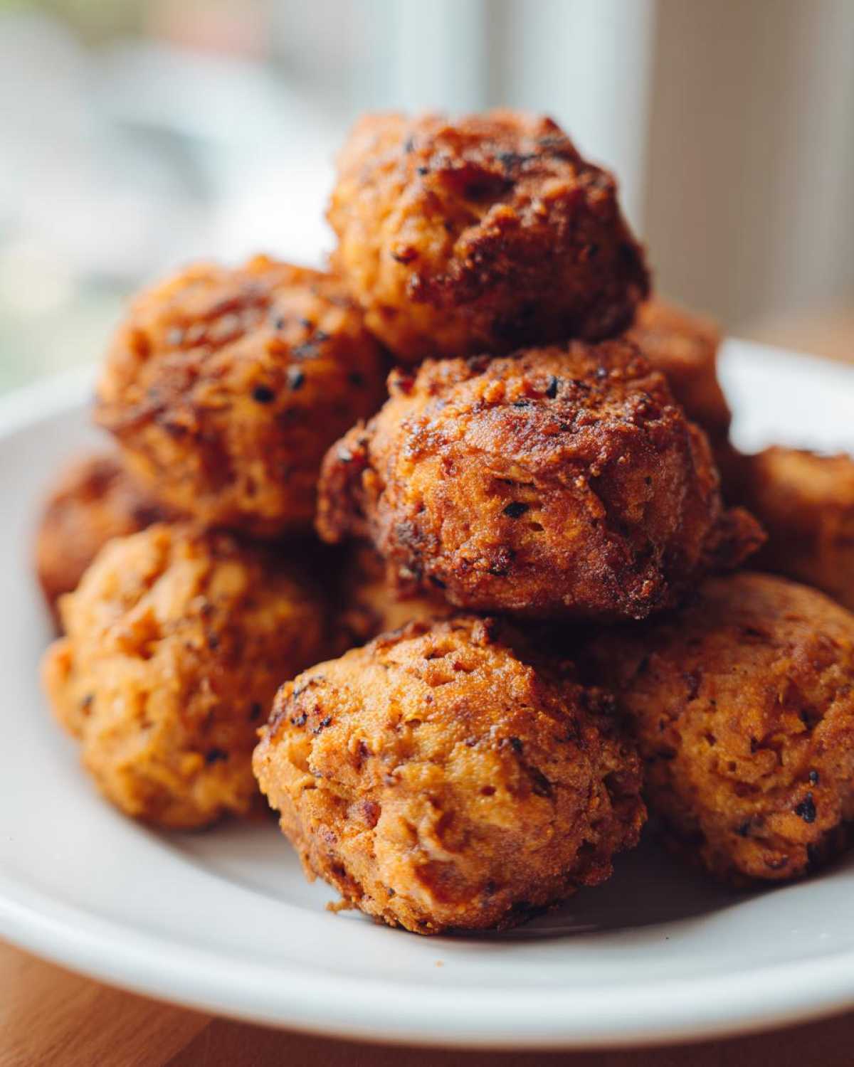 A pile of golden-brown, crispy Sweet Potato Tater Tots served on a white plate.