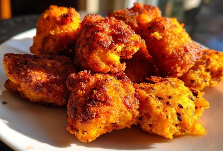 A close-up of golden-brown, crispy Sweet Potato Tater Tots piled on a white plate, ready to be eaten.