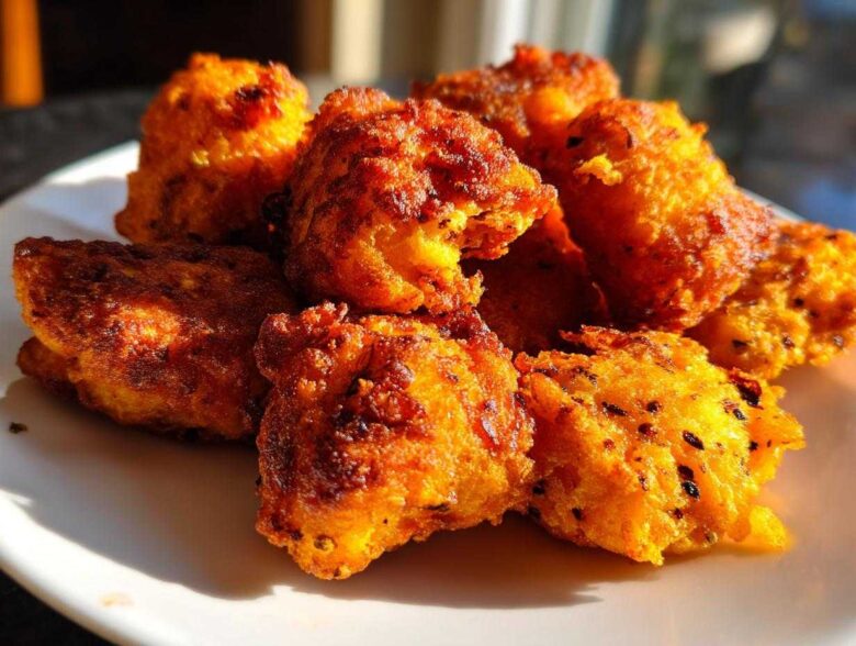 A close-up of golden-brown, crispy Sweet Potato Tater Tots piled on a white plate, ready to be eaten.