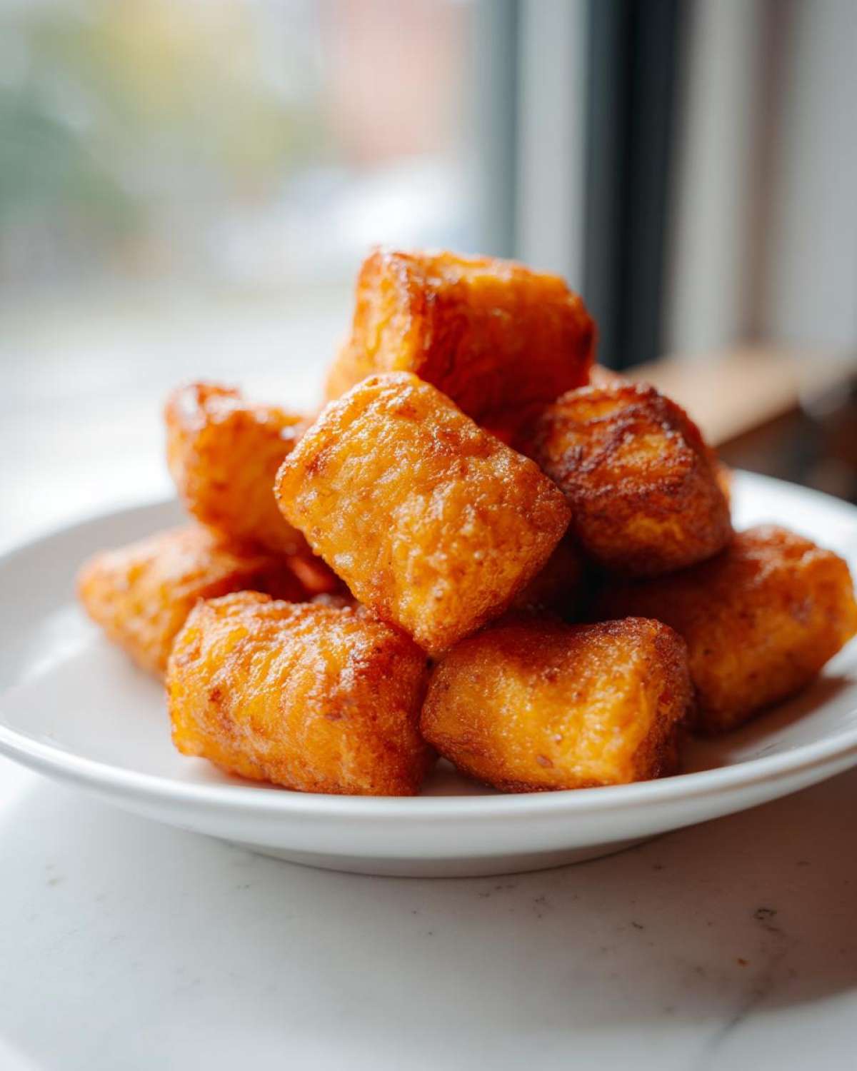 A pile of golden-brown Sweet Potato Tater Tots stacked on a white plate, ready to eat.
