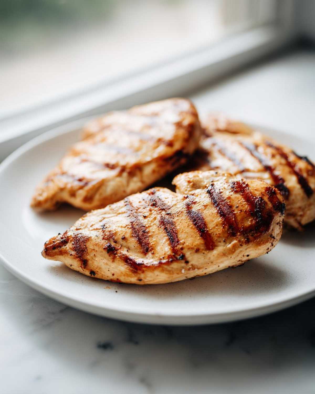 Close-up of perfectly grilled sweet tea brine chicken breasts on a white plate, showing grill marks and golden-brown color.