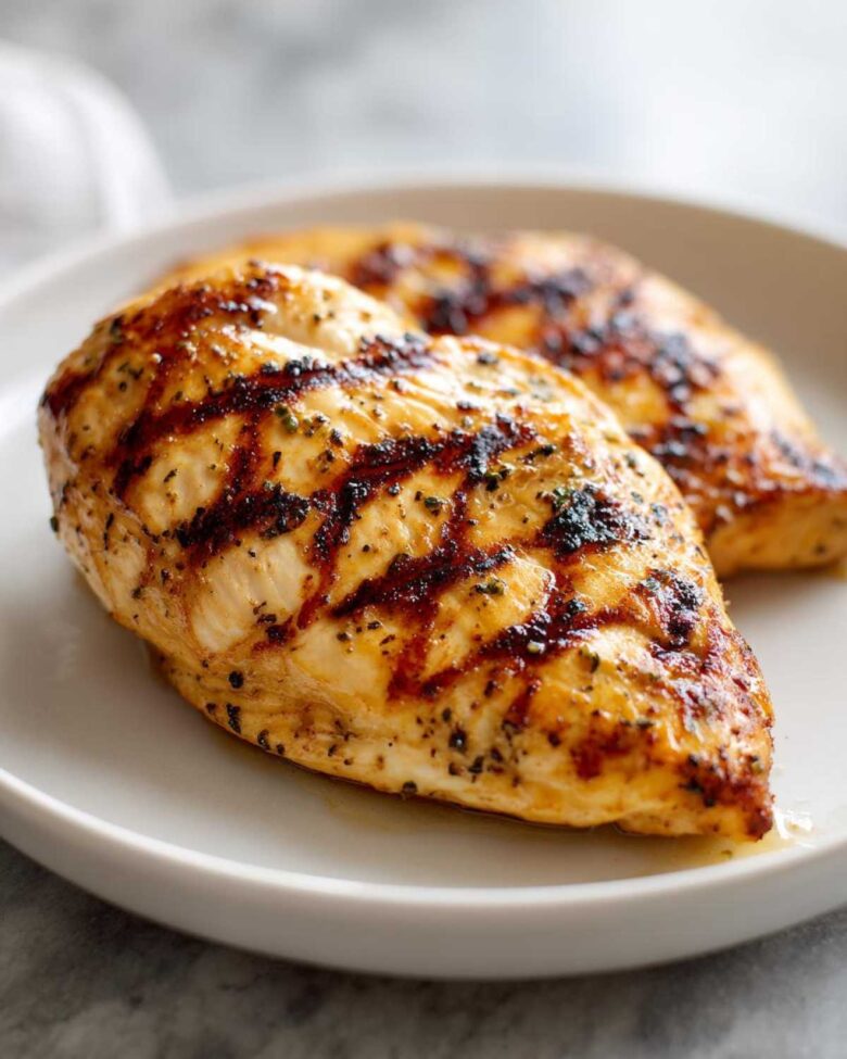 Two juicy grilled chicken breasts seasoned with herbs, showcasing beautiful grill marks from cooking.