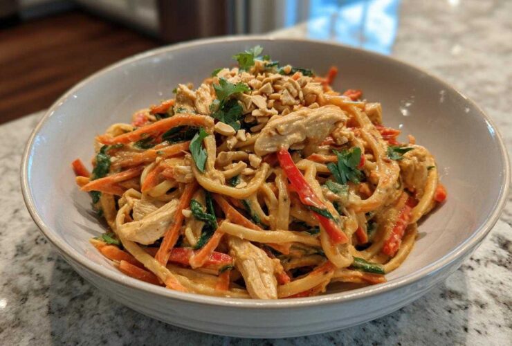 A bowl of Thai Peanut Chicken Noodle Salad with shredded chicken, carrots, red peppers, and noodles coated in peanut sauce.