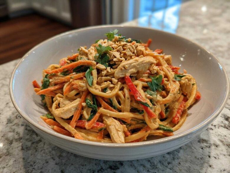 A bowl of Thai Peanut Chicken Noodle Salad with shredded chicken, carrots, red peppers, and noodles coated in peanut sauce.