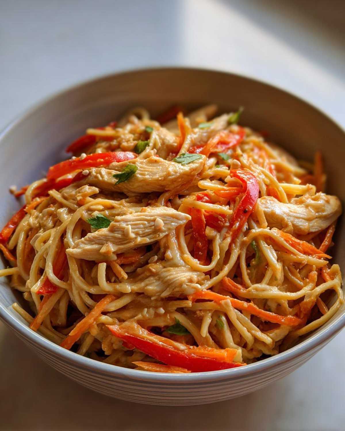 A close-up of a bowl filled with Thai Peanut Chicken Noodle Salad, featuring noodles, shredded chicken, julienned carrots, and sliced red bell peppers in a creamy peanut sauce.