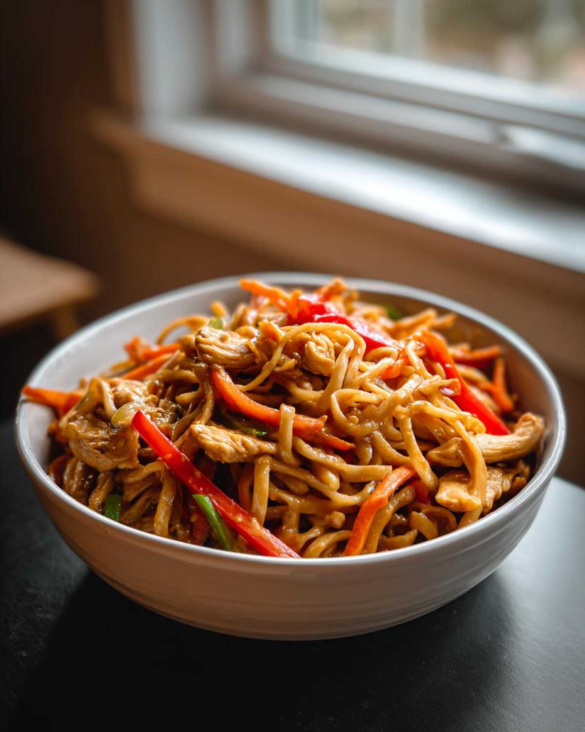 A close-up of a white bowl filled with Thai Peanut Chicken Noodle Salad, featuring noodles, chicken, carrots, and red bell peppers.