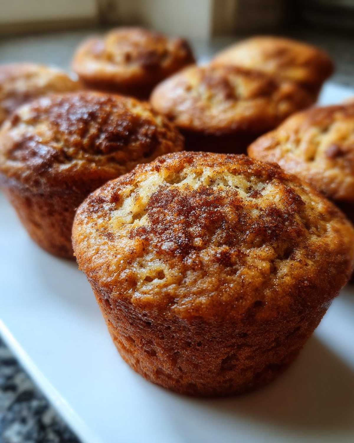 Close-up of freshly baked vegan banana muffins with a golden-brown crust and a sprinkle of cinnamon sugar.