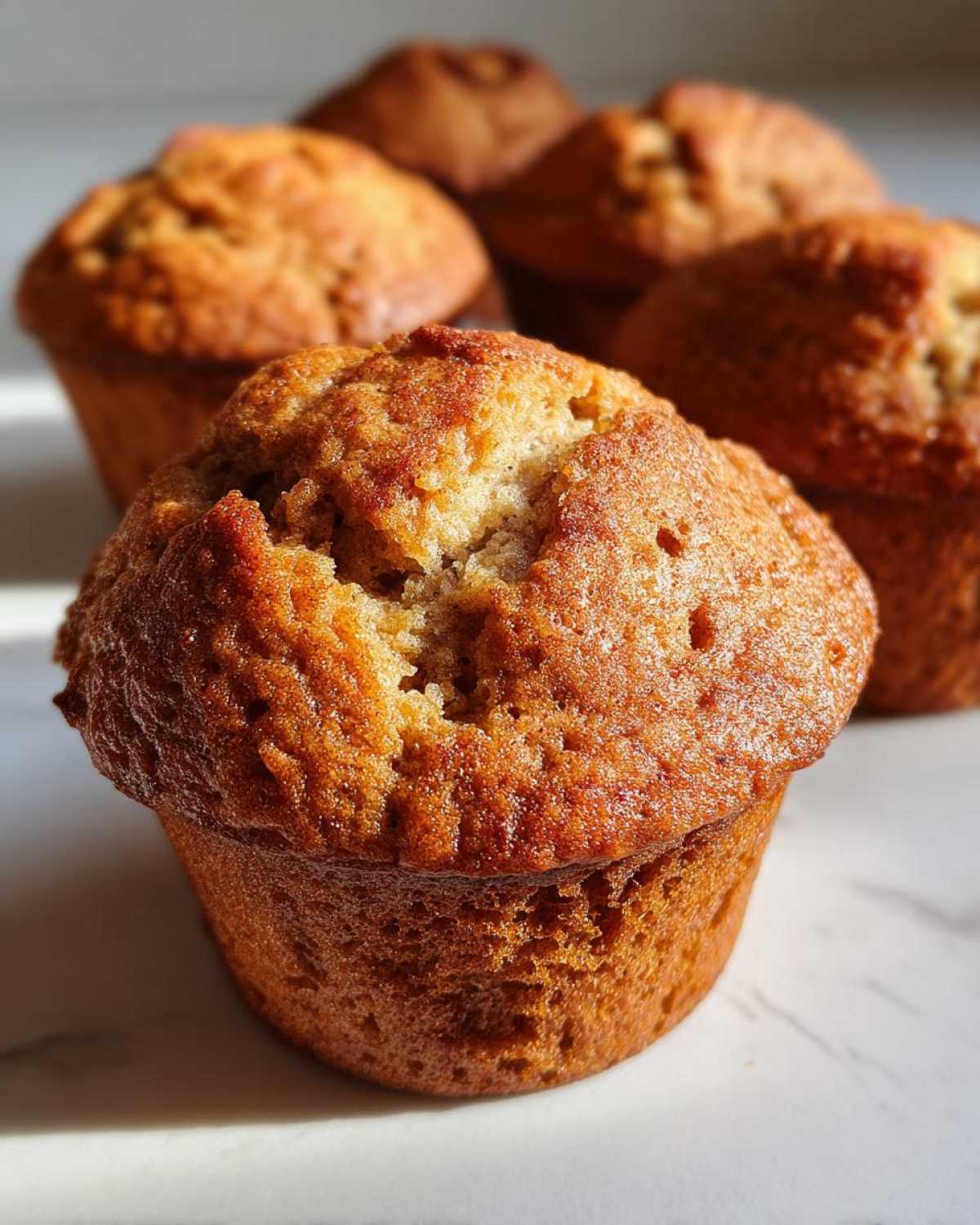 Close-up of a golden-brown vegan banana muffin with a slightly cracked top, showing its fluffy texture.