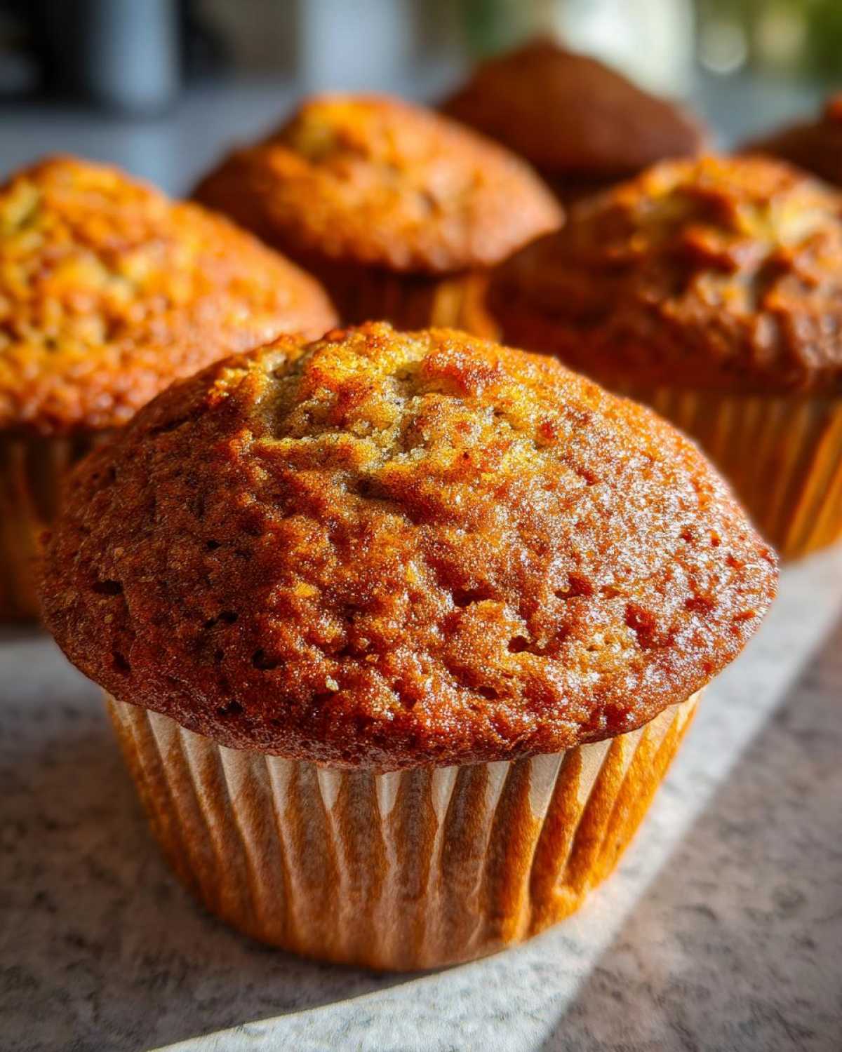 A close-up of a perfectly baked vegan banana muffin with a golden-brown top and textured surface.