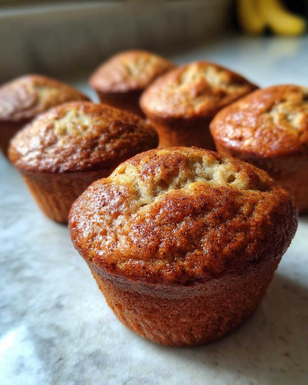Close-up of golden-brown vegan banana muffins with a slightly cracked top, dusted with cinnamon.