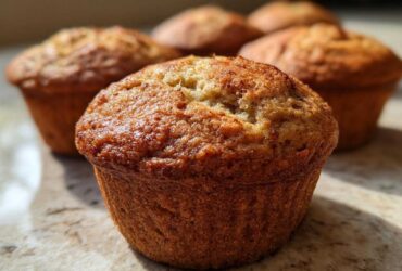 Close-up of a golden-brown vegan banana muffin with a slightly cracked top, showcasing its texture.