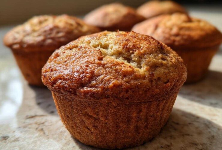 Close-up of a golden-brown vegan banana muffin with a slightly cracked top, showcasing its texture.