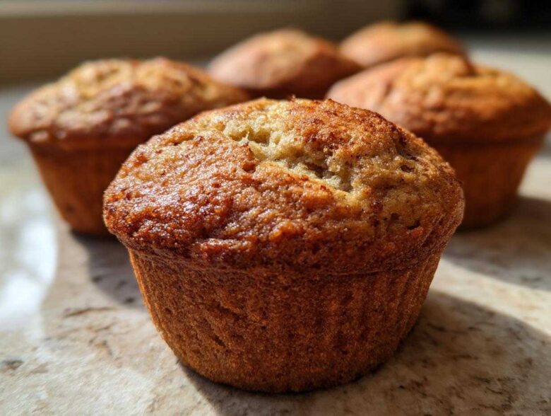 Close-up of a golden-brown vegan banana muffin with a slightly cracked top, showcasing its texture.